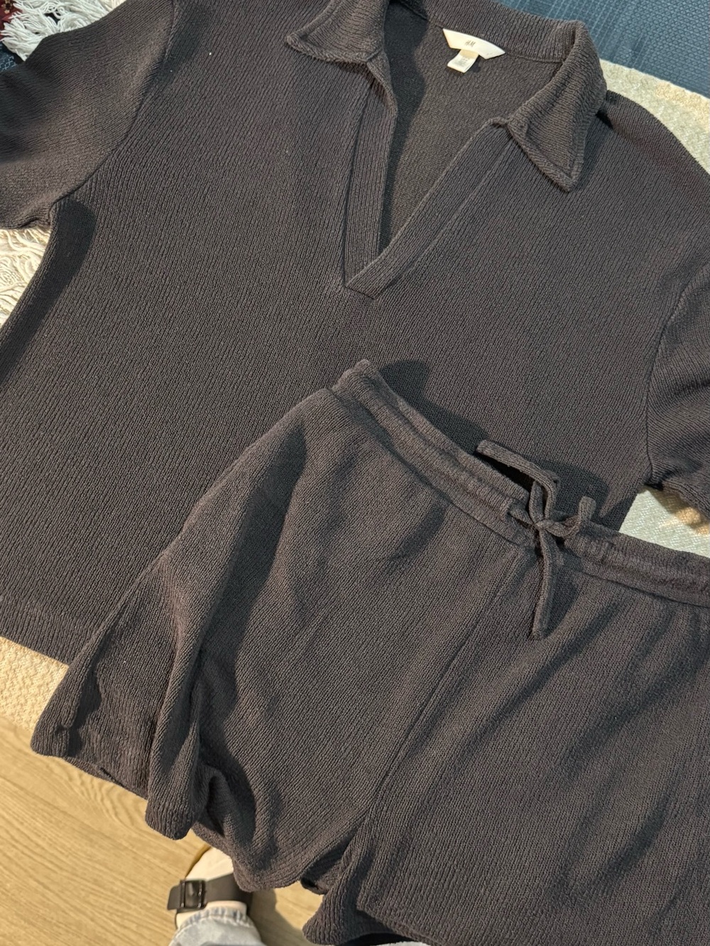 Waffle Knit Short Sleeve Lounge Top & Shorts Set - black